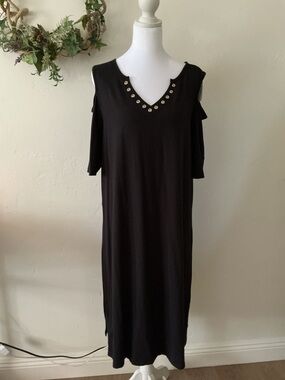 Elle Black Cold-Shoulder Midi Dress with Grommet V-Neck